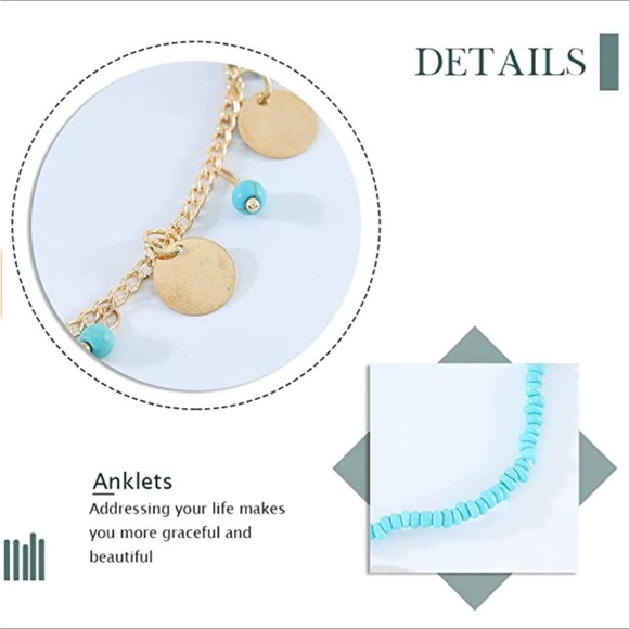 💸FINAL PRICE DROP🌺NWT 2pc Gold Disc & Turquoise Beaded Boho Anklet🌺 - Picture 7 of 12
